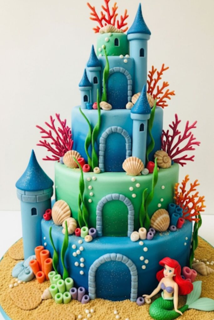 An aquatic-themed castle cake inspired by Ariel's grotto, with seashells and coral decorations.