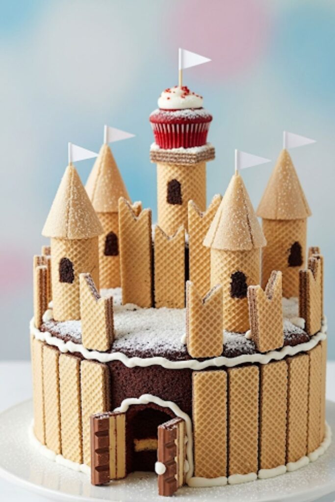 A castle cake with walls made from wafer cookies.