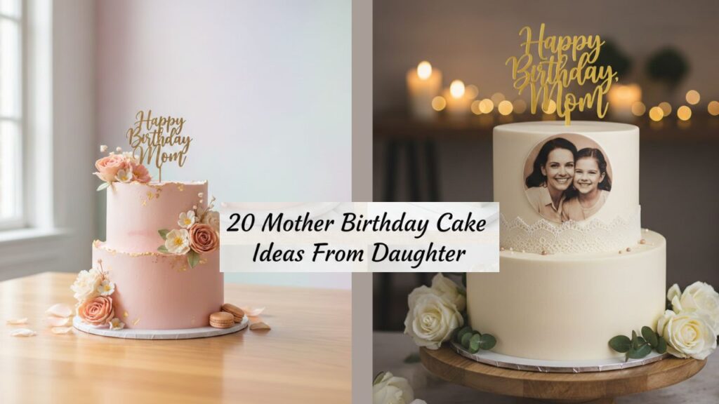 beautiful blush pink floral birthday cake for mom centered on table, soft pastel background, subtle gold accents, delicate edible flowers, feminine aesthetic, space on right side for blog title text, natural window light, professional food photography, 85mm lens, shallow depth of field, ultra-realistic detail, Pinterest-inspired styling, clean modern composition