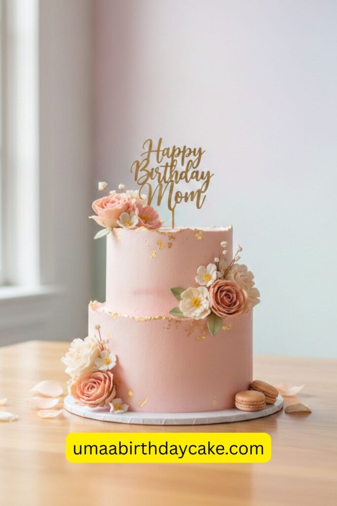 beautiful blush pink floral birthday cake for mom centered on table, soft pastel background, subtle gold accents, delicate edible flowers, feminine aesthetic, space on right side for blog title text, natural window light, professional food photography, 85mm lens, shallow depth of field, ultra-realistic detail, Pinterest-inspired styling, clean modern composition