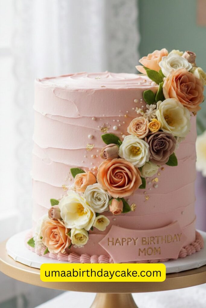 Ultra-realistic Pinterest-style photo of a blush pink buttercream birthday cake for mom, delicate edible flowers, soft ivory and gold accents, romantic floral design, smooth texture, minimal elegant piping, soft natural window light, pastel background, shallow depth of field, luxury cake photography, high detail, aesthetic bakery presentation
