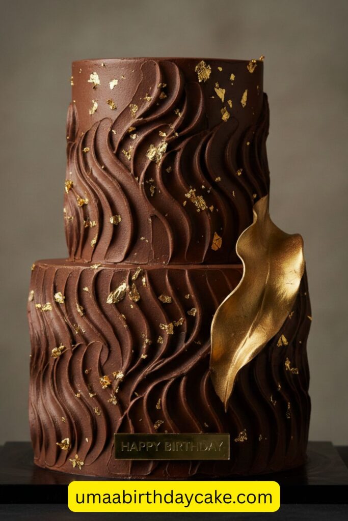 Modern chocolate brown birthday cake with textured buttercream and gold flakes, rich elegant design, contemporary aesthetic, soft dramatic lighting, luxury bakery photography, dark neutral background