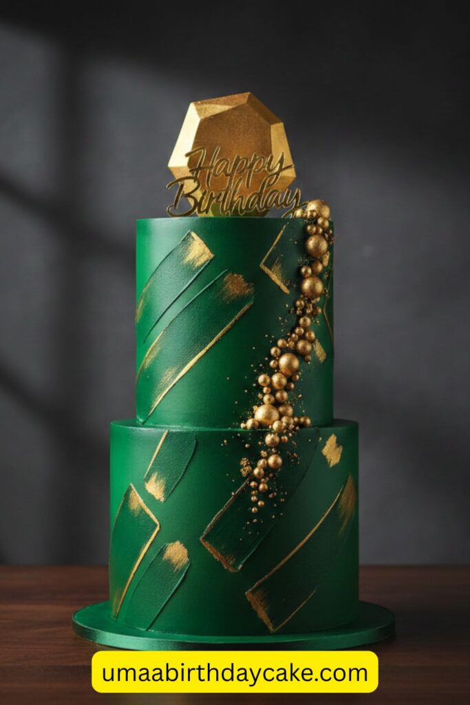 Deep emerald green birthday cake with gold accents and dramatic luxury finish, smooth matte buttercream, bold modern design, dark elegant background, moody lighting, high-end bakery photography