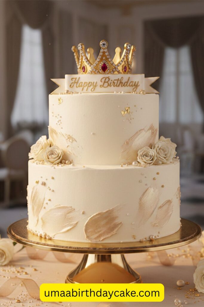 Elegant white and champagne birthday cake with small edible gold crown topper, glamorous royal aesthetic, smooth buttercream texture, soft golden lighting, luxury celebration vibe