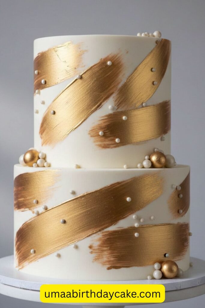 Matte white luxury birthday cake with metallic gold brush strokes and edible pearls, sharp clean edges, modern elegant cake design, minimal background, dramatic soft lighting, premium bakery photography, sophisticated aesthetic, ultra-realistic detail