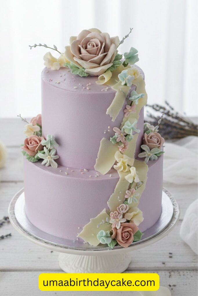 Pastel lavender birthday cake with white chocolate curls and soft floral piping, elegant feminine design, gentle pastel tones, smooth buttercream finish, dreamy aesthetic, soft studio lighting, romantic cake photography, high-resolution, Pinterest-style composition