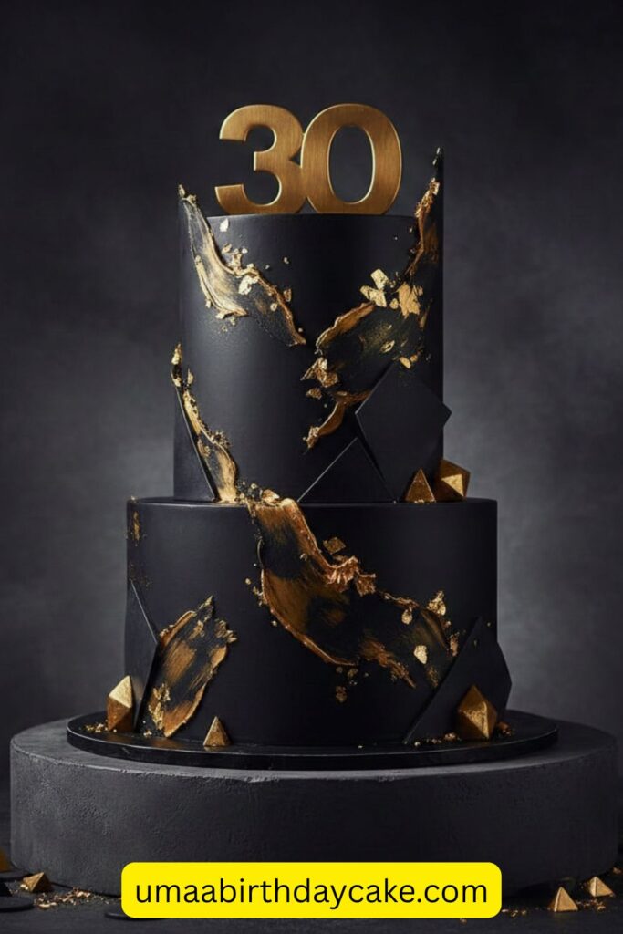 Matte black birthday cake with metallic gold accents, bold dramatic design, sharp edges, modern glamorous style, dark moody background, luxury cake photography