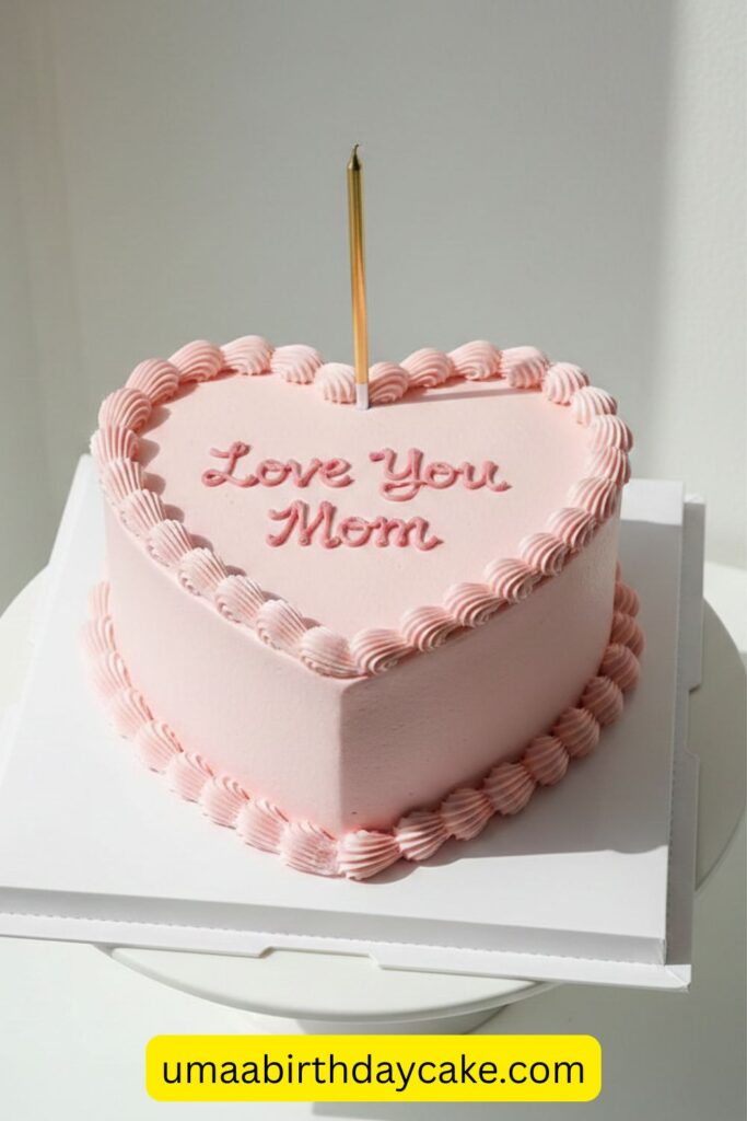 Minimalist Korean-style heart birthday cake, baby pink buttercream, handwritten “Love You Mom” message, simple piping borders, clean white background, trendy aesthetic cake, soft natural lighting, modern bakery photo, Pinterest viral cake style