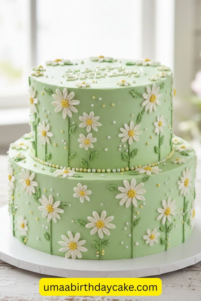 Pastel green birthday cake decorated with white and yellow piped daisies, cheerful garden-inspired design, soft buttercream texture, bright natural light, playful feminine aesthetic, styled on white table, ultra-realistic cake photography