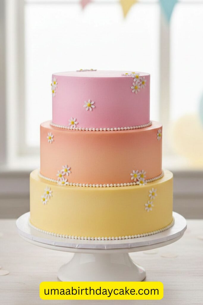 Pastel ombre birthday cake fading from pink to peach to soft yellow, small daisies decoration, cheerful feminine design, uplifting color palette, smooth buttercream gradient, bright soft lighting