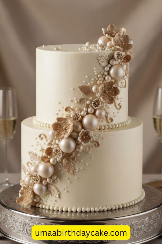 White buttercream birthday cake covered with edible pearls, champagne tones, elegant old Hollywood vibe, smooth texture, luxury cake styling, soft golden lighting, minimal neutral background, high-end cake photography