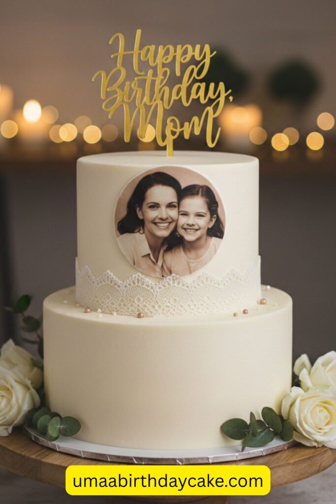Elegant birthday cake with edible printed mother-daughter photo on top, neutral buttercream base, minimal surrounding décor, sentimental design, soft warm lighting, emotional celebration vibe, realistic bakery photography, Pinterest-style close-up shot