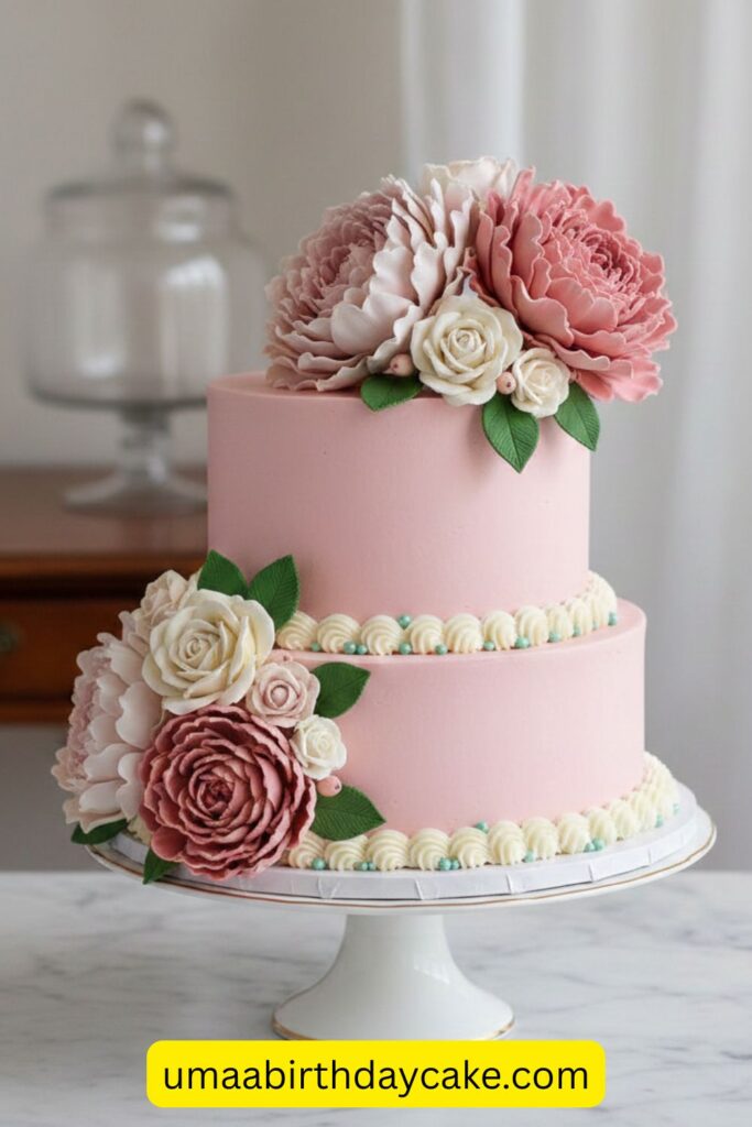 Ballet pink birthday cake topped with large edible peonies, cream and jade accents, romantic floral design, smooth buttercream texture, soft studio lighting, elegant bakery presentation