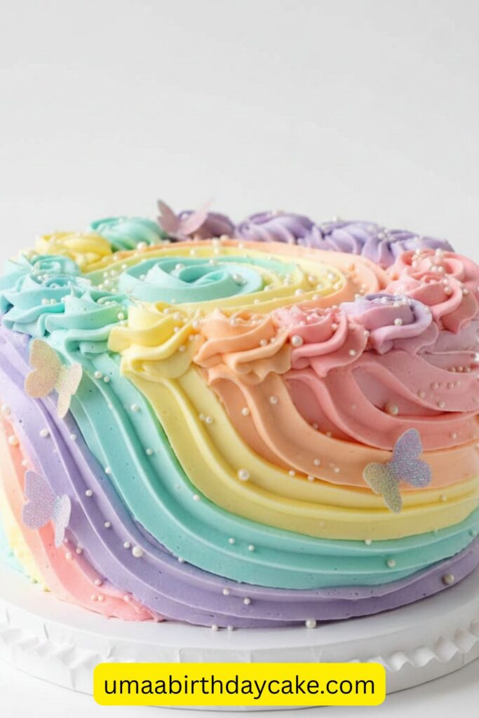 Rainbow pastel swirl birthday cake, cheerful soft colors, playful feminine design, smooth buttercream finish, bright natural lighting, joyful celebration vibe, clean white background