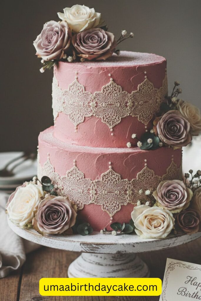 Vintage-inspired rose pink birthday cake with lace piping details and soft roses, dusty mauve and cream palette, nostalgic romantic design, textured buttercream, warm soft lighting, cozy aesthetic bakery photography