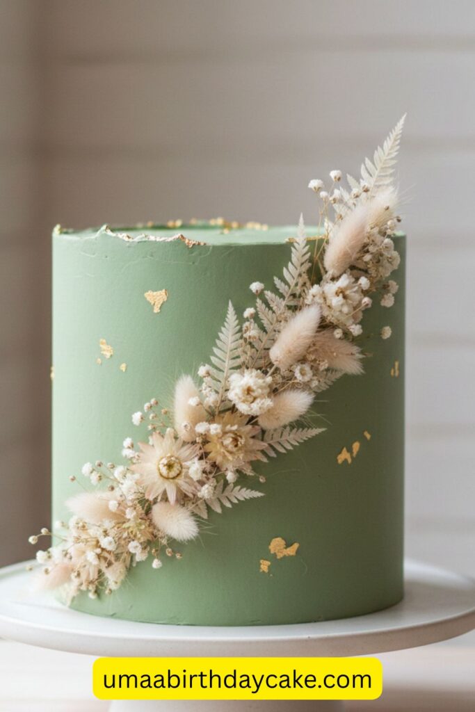 Modern sage green birthday cake with dried florals and subtle gold leaf, minimalist design, matte buttercream texture, clean edges, earthy aesthetic, styled on neutral background, soft daylight photography, high-end cake shop look, Pinterest aesthetic, ultra-detailed
