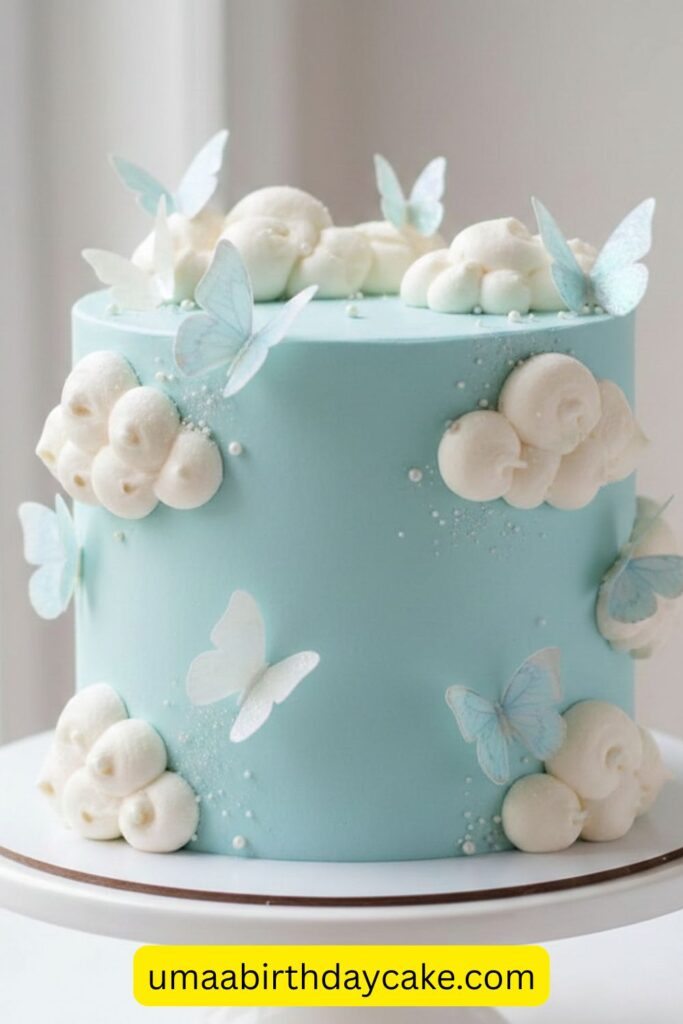 Sky blue pastel birthday cake decorated with subtle clouds and delicate butterflies, soft white accents, airy whimsical design, smooth buttercream finish, natural light photography, light background