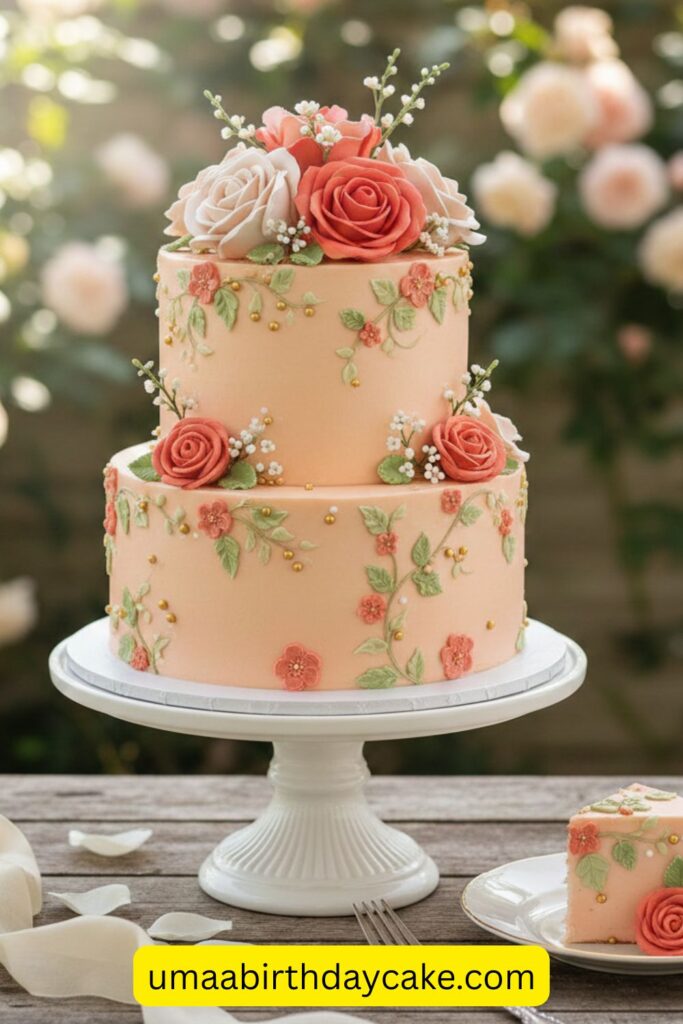 Soft peach birthday cake with delicate rose piping, warm coral and cream tones, garden-inspired aesthetic, smooth buttercream texture, romantic lighting, feminine elegant cake photography