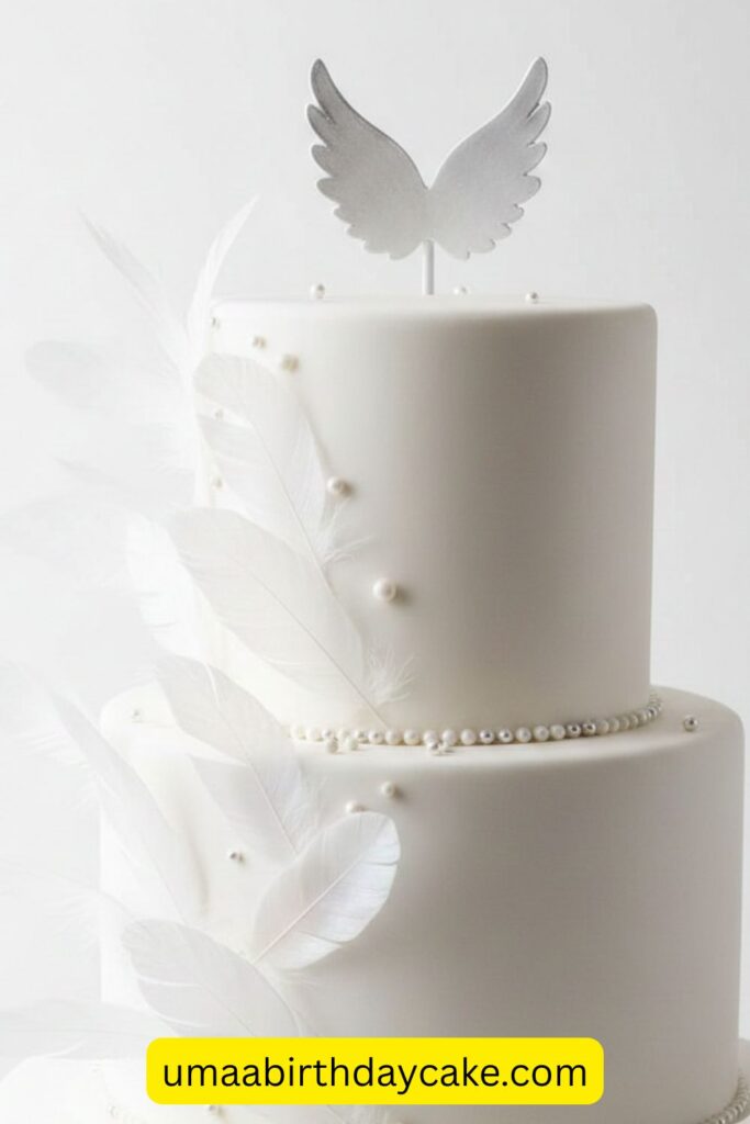 Pure white birthday cake with delicate edible feather decorations, pearl and silver accents, angelic minimalist aesthetic, soft diffused lighting, dreamy cake photography, clean white background, elegant feminine design
