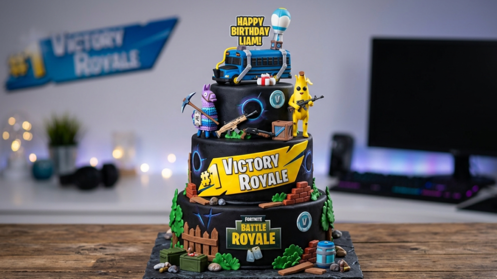 battle royale fortnite cake design with black yellow victory royale theme gaming birthday cake