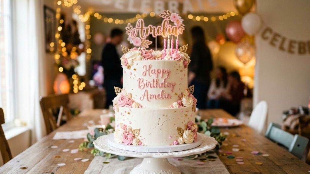 Two-tier white buttercream birthday cake with pink cursive 'Happy Birthday Amelia' lettering, floral rosettes, and gold accents on a white cake stand with a celebratory bokeh background.
