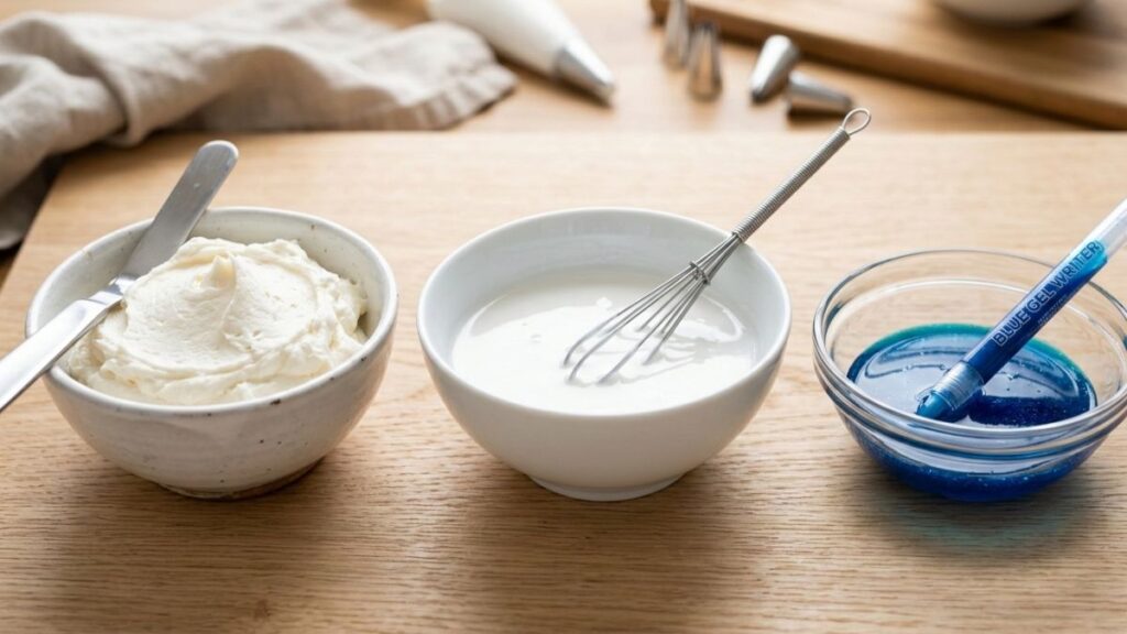 Three types of cake writing icing side by side – stiff buttercream, royal icing, and a gel icing pen on a wooden surface