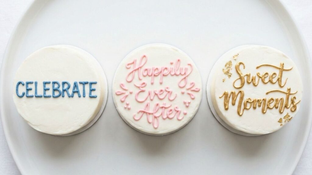 Three mini cakes showing different cake writing styles – block letters, cursive script, and brush lettering in colored icing