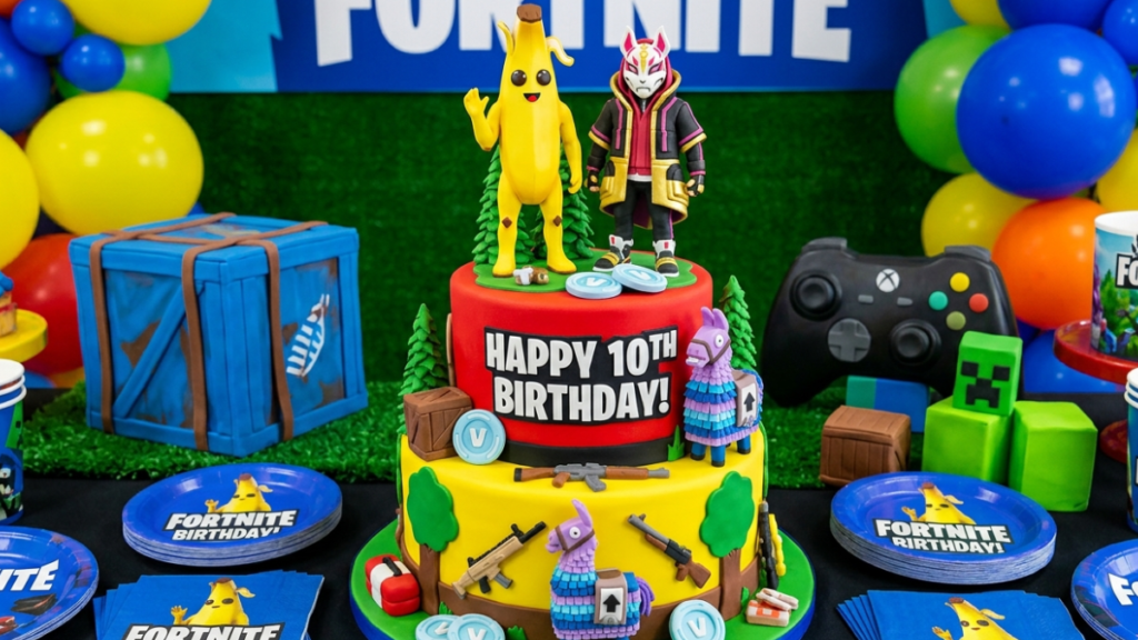 fortnite character skin cake design with gaming figures birthday cake for fortnite fans