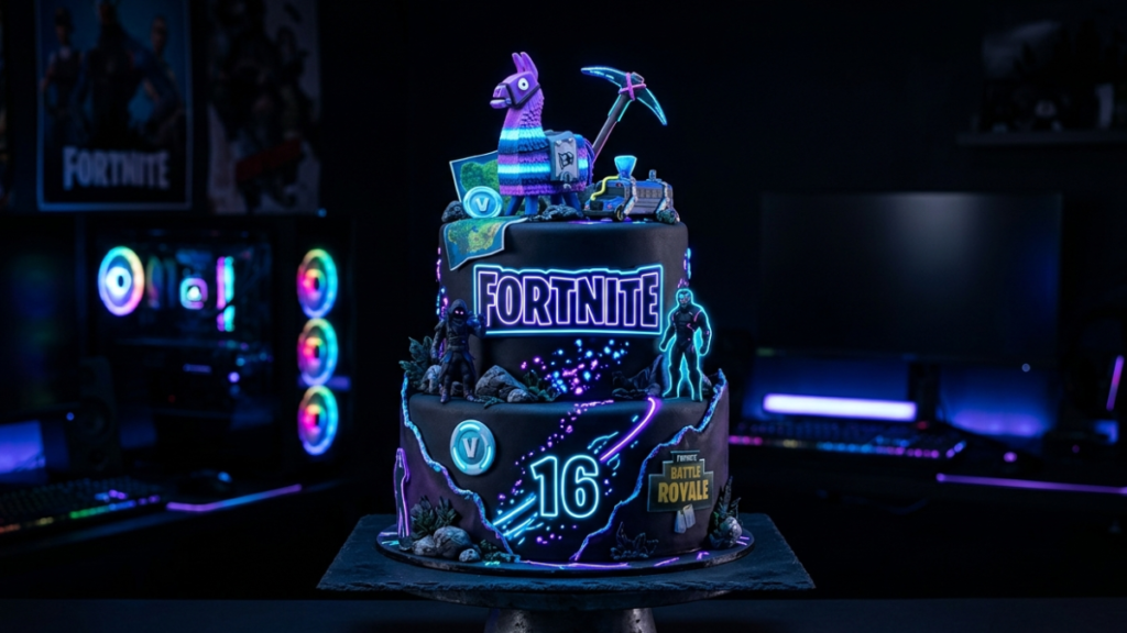 fortnite neon cake dark gaming theme with glowing colors modern birthday cake idea