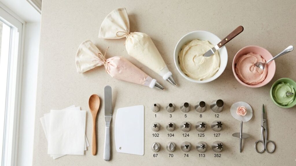 A flat lay of cake decorating tools including piping bags, various metal piping tips (petal, round, leaf), flower nail, and buttercream bowls neatly arranged on a light kitchen surface, bright natural lighting, minimal aesthetic, high detail