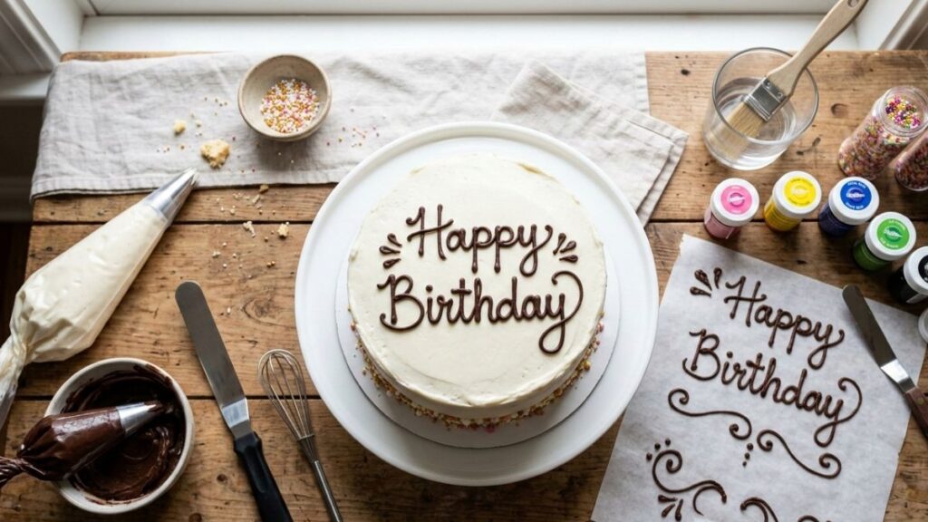 Finished birthday cake with centered Happy Birthday icing writing surrounded by decorating tools and gel food coloring on a white surface