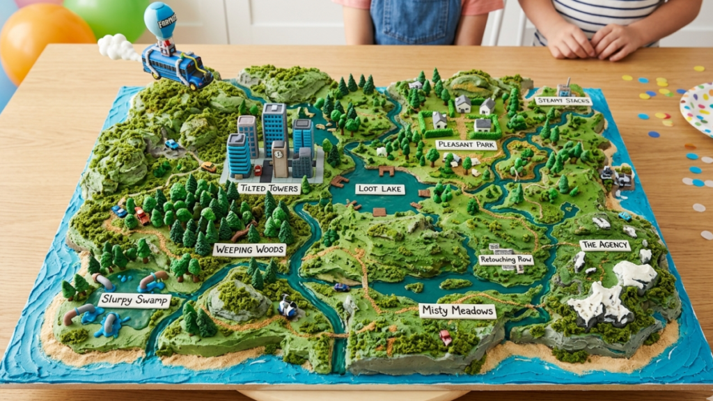 fortnite map cake design with terrain island theme gaming birthday cake landscape style