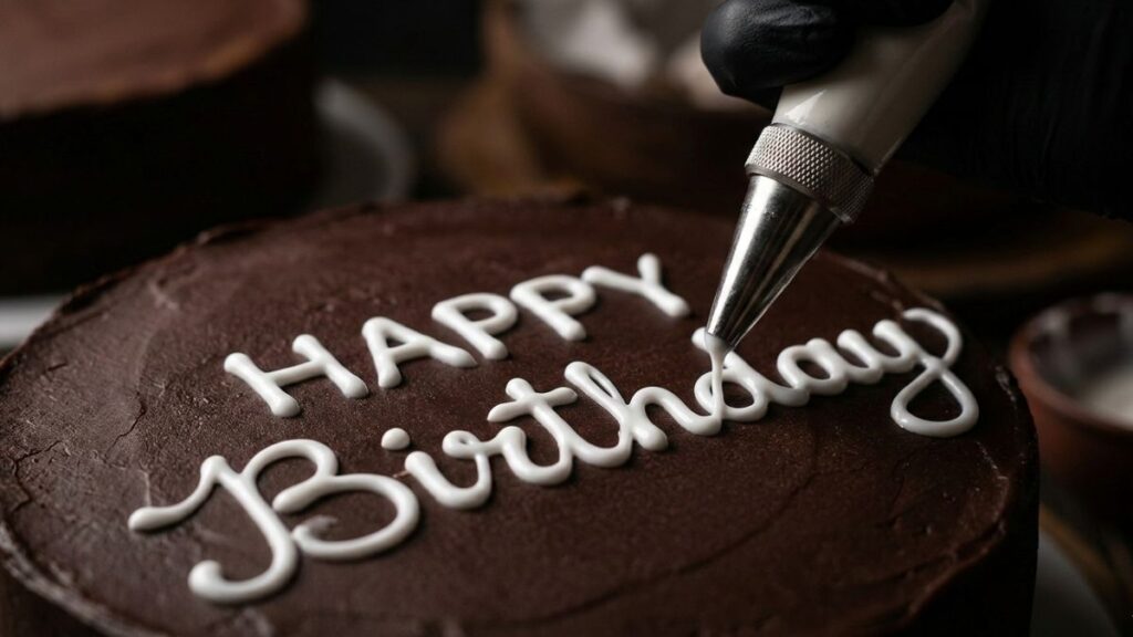 Piping bag held at a 45-degree angle writing icing letters on a chocolate ganache cake surface