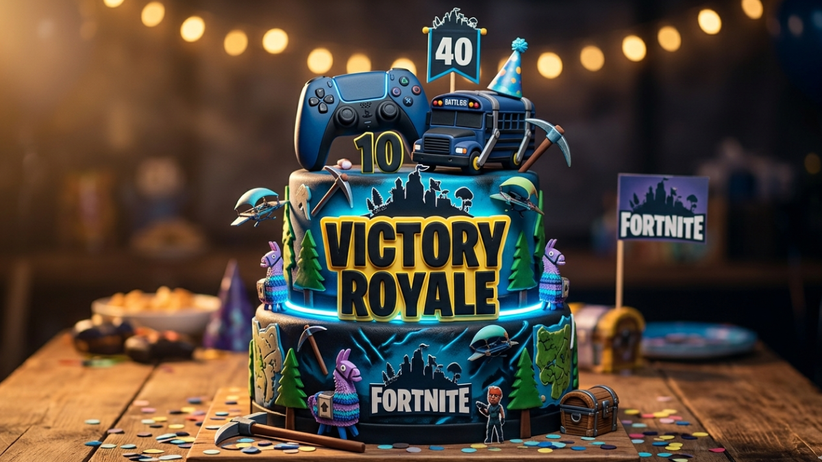 Fortnite theme cake design with Victory Royale topper black yellow gaming birthday cake idea