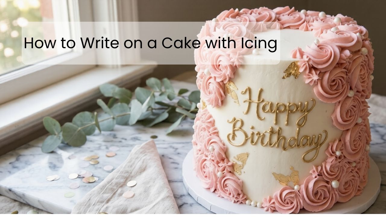 A white frosted cake decorated with pink buttercream rosettes and gold 'Happy Birthday' calligraphy, sitting on a marble surface with the text overlay 'How to Write on a Cake with Icing'