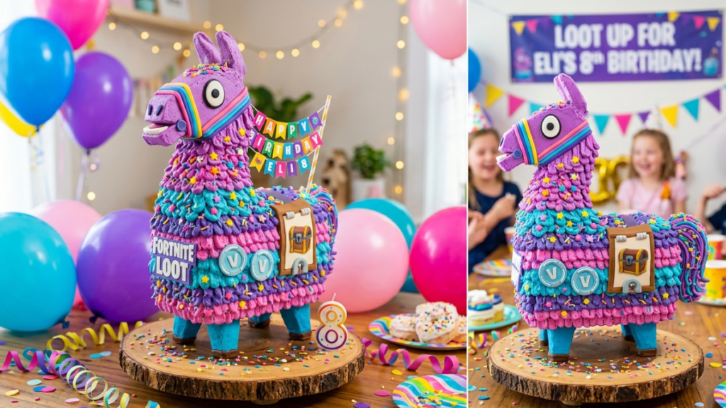 fortnite loot llama cake colorful kids birthday cake design with purple blue pink theme