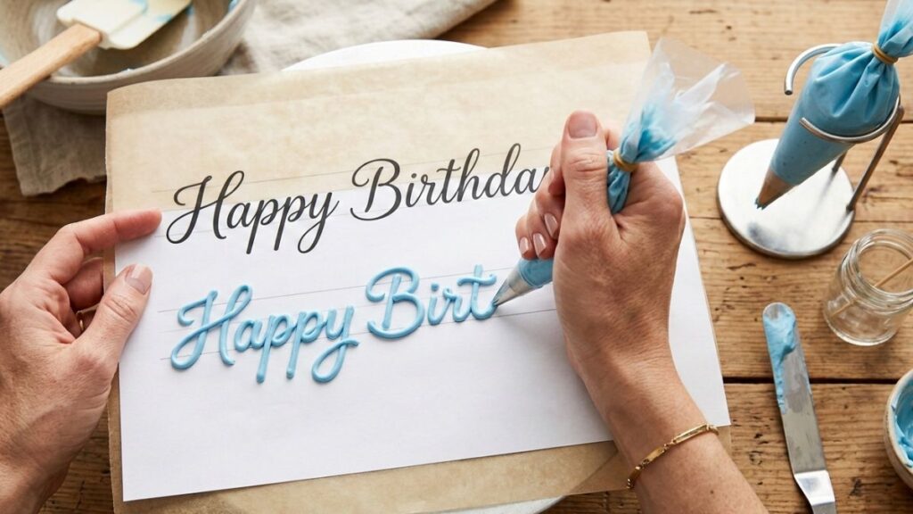 Baker practicing birthday cake lettering on parchment paper with a piping bag before writing on the actual cake