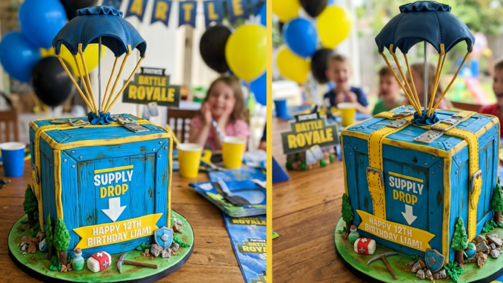fortnite supply drop cake crate design blue yellow gaming birthday cake idea