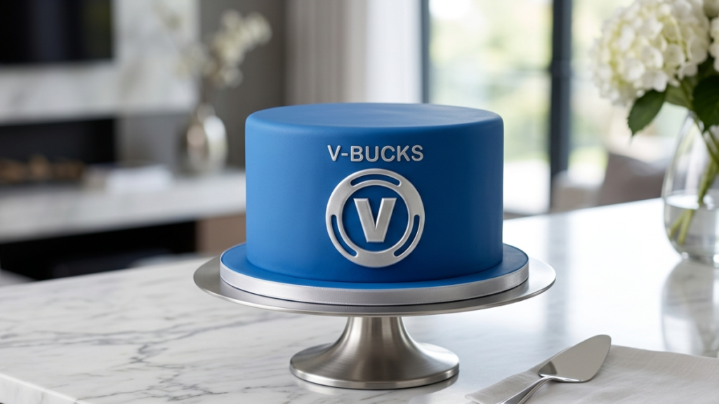 fortnite v bucks cake minimalist blue silver aesthetic modern gaming birthday cake design