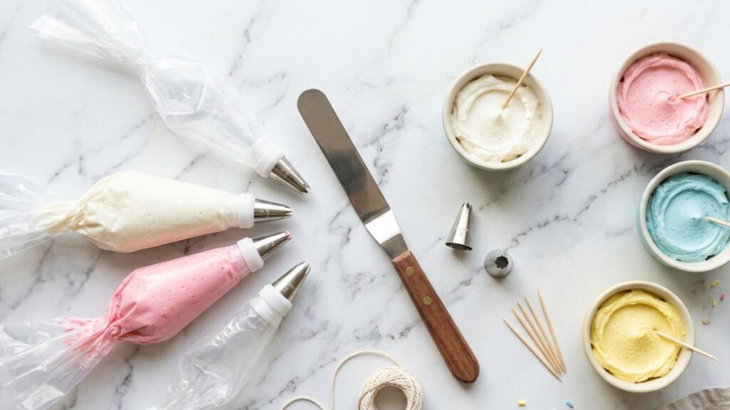 Overhead flatlay of piping bags, Wilton round tips, and stiff buttercream icing bowls for writing on a cake