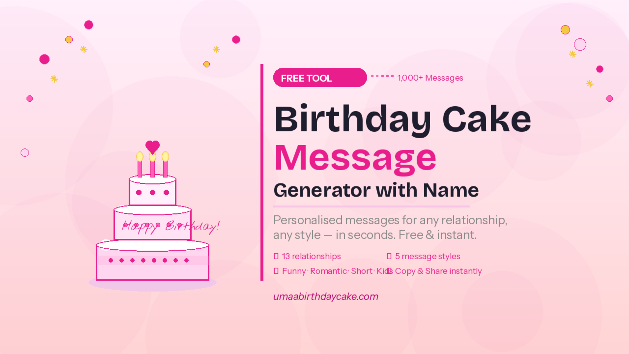 Free birthday cake message generator with name — personalised funny, romantic and short messages for friends, mom, partner and kids at umaabirthdaycake.com