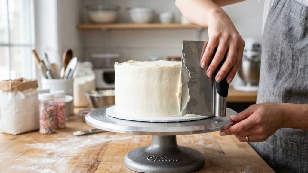smoothing cake sides with scraper for smooth frosting technique