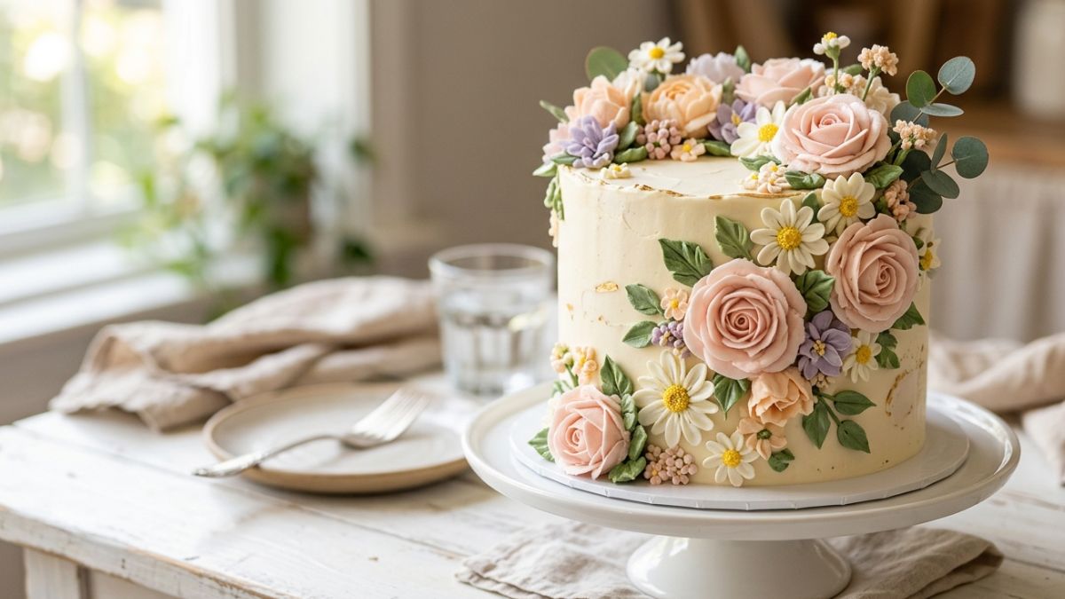 A beautifully decorated cake with realistic buttercream flowers (roses, daisies, and leaves) in soft pastel colors, placed on a clean white background, natural lighting, high detail, professional bakery style, shallow depth of field, aesthetic food photography, 4K resolution