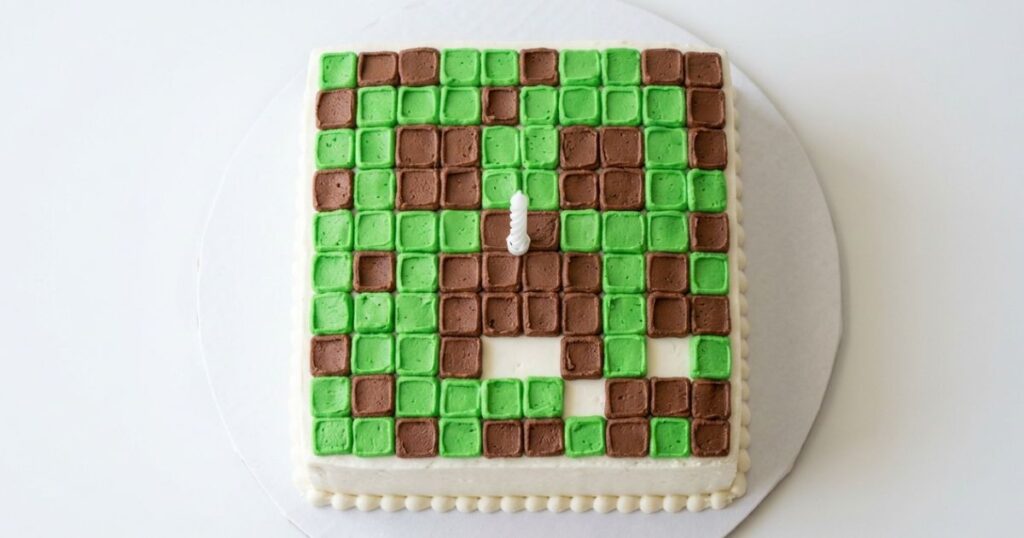 minecraft birthday cake piped buttercream pixel squares green brown no fondant beginner friendly easy home baker