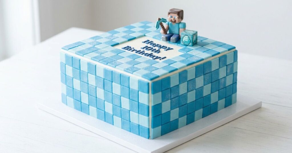 minecraft diamond block birthday cake light and dark blue fondant pixel squares all sides edible shimmer dust teen party