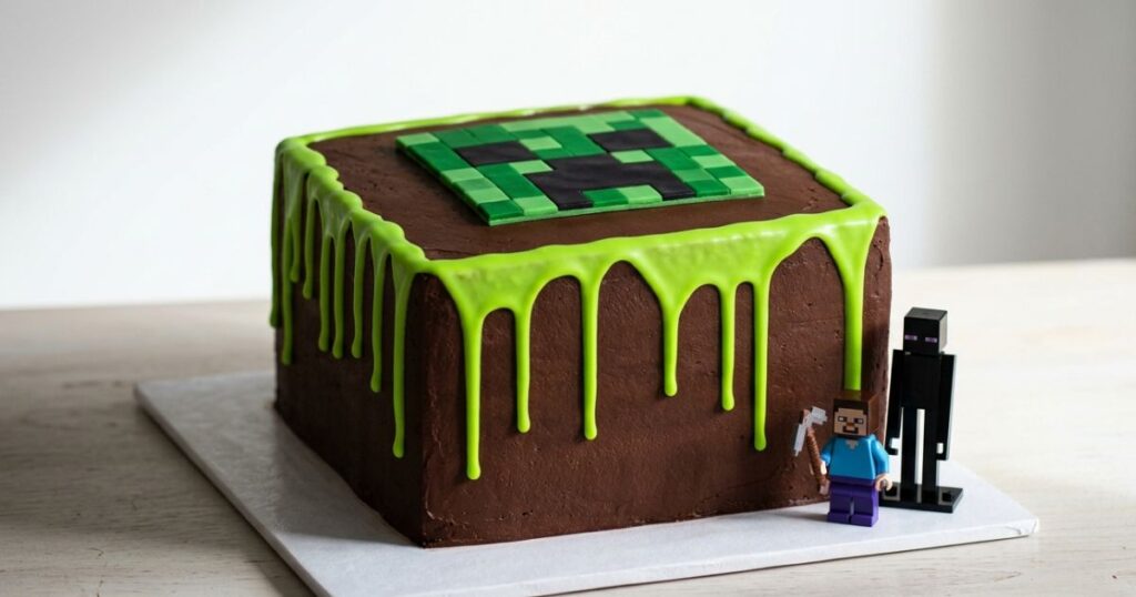 minecraft drip birthday cake neon green drip icing dark chocolate black buttercream sides creeper fondant topper instagram trending