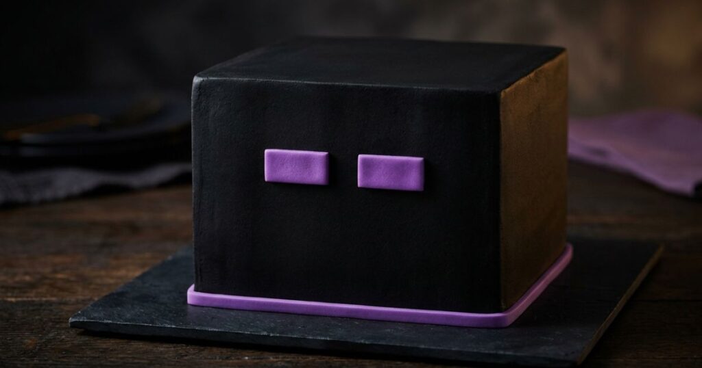minecraft Enderman birthday cake all black buttercream two purple fondant rectangle pixel eyes square cake teen dark aesthetic