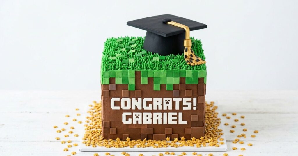 minecraft graduation birthday cake grass block base black fondant graduation cap gold tassel congratulations piped text side gold sprinkles