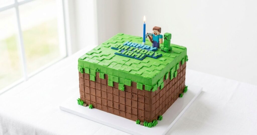 minecraft grass block birthday cake with bright green buttercream top and brown pixel dirt sides beginner friendly no fondant