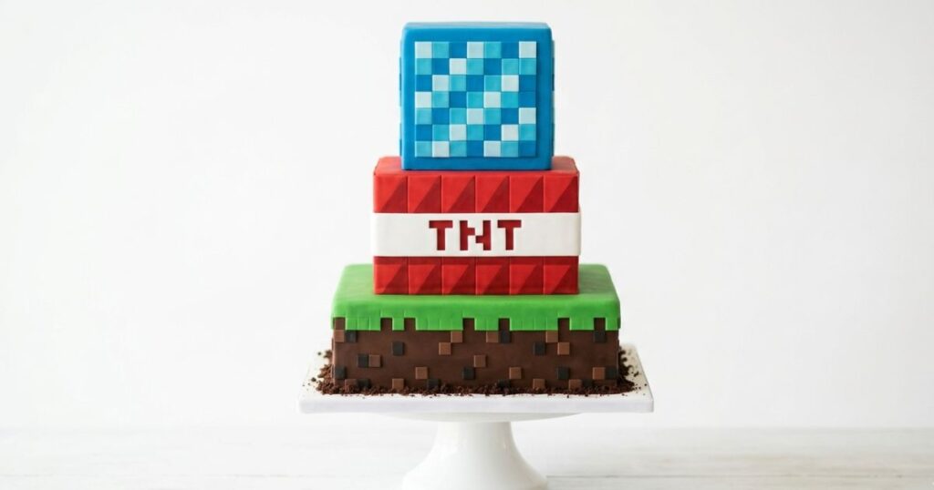 three tier minecraft birthday cake grass block bottom tier TNT red middle tier diamond block blue top tier white cake stand showstopper